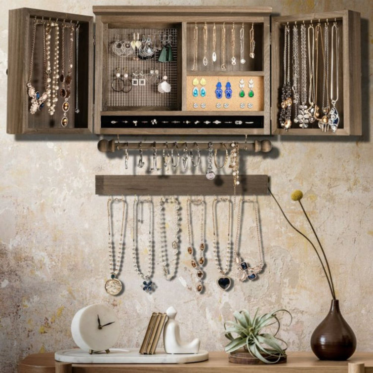 Gracie Oaks Vintage Wood Wall Mounted Jewelry Organizer With Barn Door